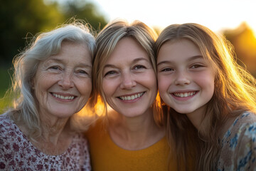 Fototapeta premium Grandmother, mother, and daughter are smiling together outdoors