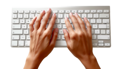 Detailed view of hands typing on a silver keyboard isolated on transparent background PNG