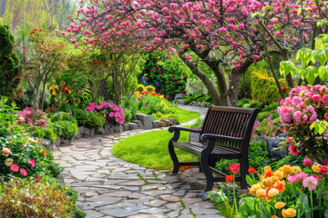 A beautiful garden with a stone path and a bench