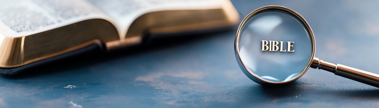 Open holy book Bible with a magnifying glass focused on the word Bible, symbolizing study, religion, and exploration of sacred texts.