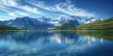 Naklejka premium Panoramic View of Snow-Capped Alaskan Mountains and Reflecting Blue Lake