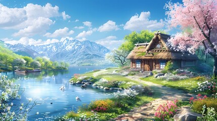 Fototapeta premium A serene landscape with a traditional house by a lake, surrounded by blooming cherry blossoms and snow-capped mountains.