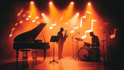 Fototapeta premium A silhouette of a jazz band with a piano, saxophone, and drums on stage under spotlights in front of musical notes Generative AI