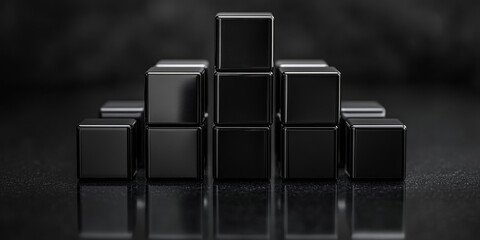 Glossy black cubes arranged on a reflective dark surface, minimalistic and modern abstract design with geometric shapes and smooth textures, perfect for product promotions or technology concepts