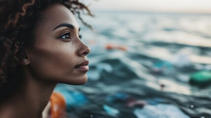The image captures a woman observing an ocean polluted with floating debris, stressing the adverse effects of pollution on marine life and urging for environmental conservation actions.