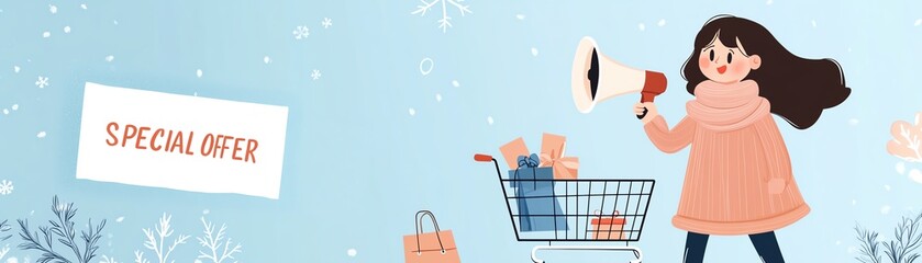 Fototapeta premium Woman announcing special offer holding megaphone and shopping cart in winter, promoting discount and sale in store.