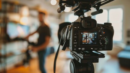 Professional video camera filming a man in an indoor setting.