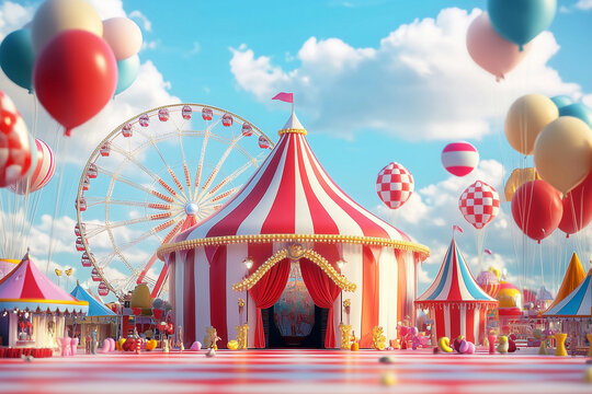 the tent of a traveling circus with toys and balls around stands in the center. Ferris wheel in the background