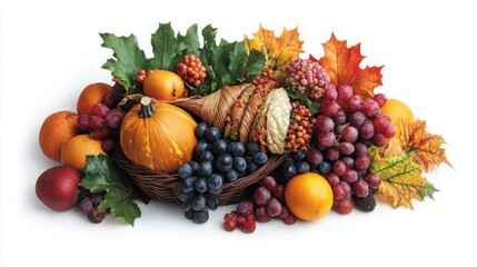 A Thanksgiving gathering with a cornucopia centerpiece, surrounded by family and friends, warm and inviting, realistic style, isolated on white background