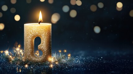 happy new year 2025 twenty twenty five burning golden candle number with glitter on dark blue background. Winter holiday season.