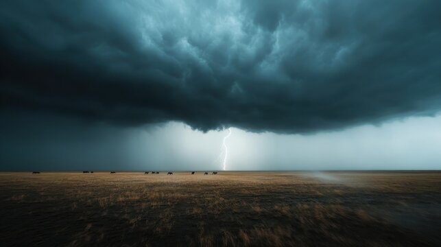 Moody, dark skies with striking lightning bolts illuminating open grasslands, showcasing the raw and untamed elements of nature in a visually compelling manner.