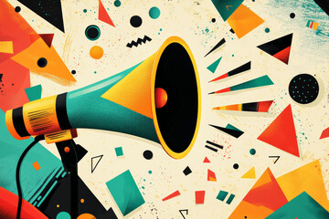 Colorful abstract illustration of a megaphone with vibrant geometric patterns, perfect for Black Friday sales, special promotions, marketing campaigns, and attention-grabbing advertisements