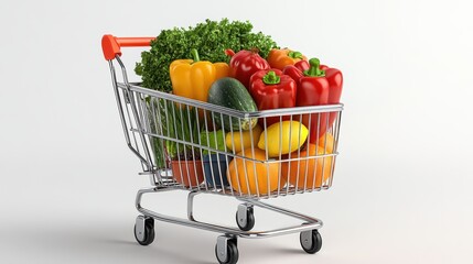 A colorful shopping cart filled with fresh vegetables and fruits, perfect for healthy eating and grocery shopping concepts.