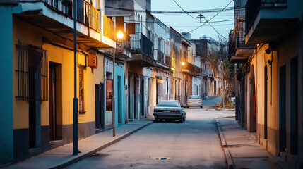 A quiet, narrow residential street lined with old buildings and parked cars. The scene is illuminated by street lamps and appears to be taken at dusk or early evening.