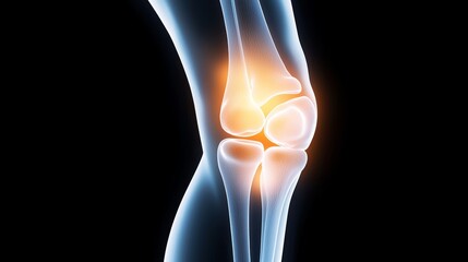 A transparent knee showing the cartilage, tendons, and bones, with glowing areas indicating where orthopedic treatments are applied