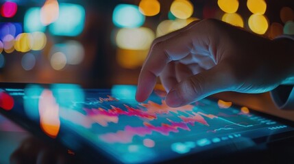 Close-up shot of an analytical working with the latest financial results Financial accounting sales forecast graphs analysis with hand writing , digital effect abstract for background