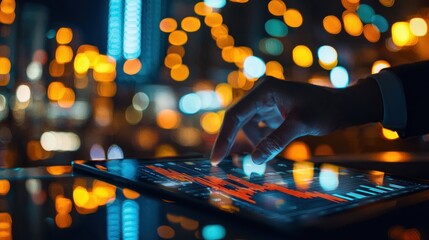 Close-up shot of an analytical working with the latest financial results Financial accounting sales forecast graphs analysis with hand writing , digital effect abstract for background