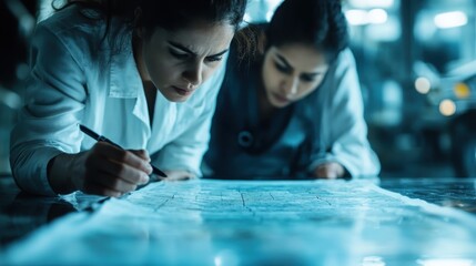 Two scientists intensely analyzing a blueprint, symbolizing determination, collaboration, and breakthrough insights in a high-tech laboratory environment.