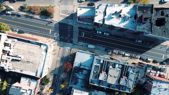 Aerial top down Prospect Heights Brooklyn roofs and roads city during fall in New York City NY