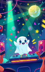 halloween Cute ghost DJ party illustration with neon colors and a disco ball