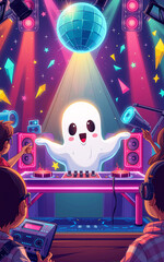 halloween Cute ghost DJ party illustration with neon colors and a disco ball