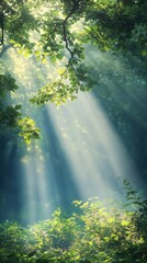 Fototapeta premium Sunlight filters through the forest, casting a tranquil glow on the lush greenery below