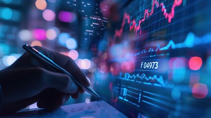Close-up shot of an analytical working with the latest financial results Financial accounting sales forecast graphs analysis with hand writing , digital effect abstract for background