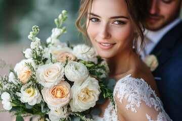 Naklejka premium Beautiful pastel colored flower on background of happy couple hugging