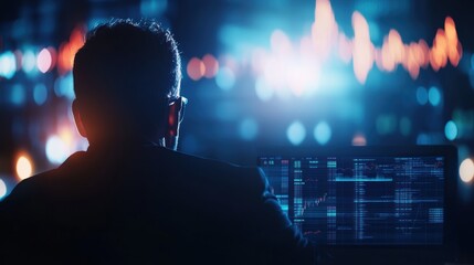 A focused individual working on a computer amidst a vibrant digital environment, showcasing data analysis and technology advancements.