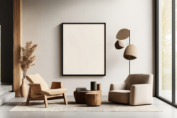 Elegant living room interior with modern furniture including a plush beige armchair, wooden chair, and round wooden coffee tables.