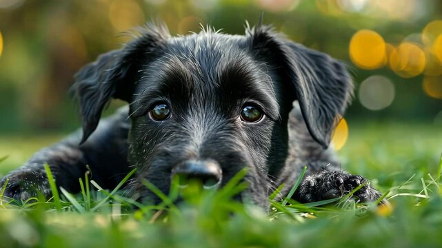 Unhappy Irish Wolfhound relaxes on the grass in a garden during a sunny afternoon