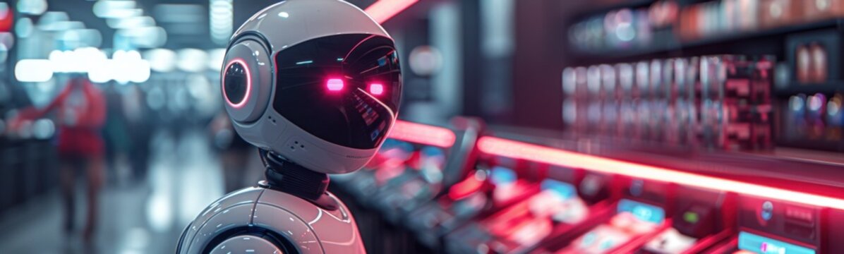Robot that is standing in front of a shelf, robor cashier, banner, copy space