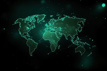 A glowing world map in green, representing global connections and digital communication on a dark background.