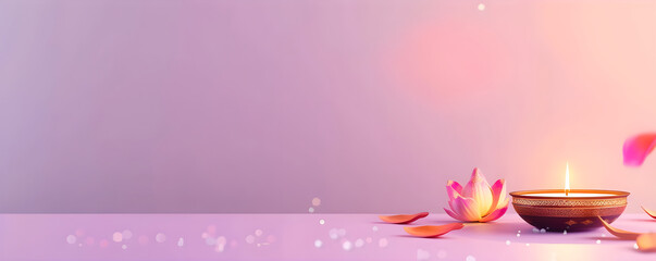Banner with traditional Diwali diya oil lamp. Deepavali greeting template with copy space. Hindu festival of lights. Pongal, Ugadi, Gudi Padwa. Decor for Indian holidays. Design for invitation, card.