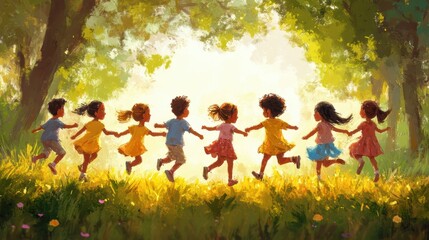 A joyful scene of children running freely in a sunlit meadow, capturing the essence of childhood and carefree moments.