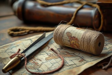 Close-up of antique knife, rolled map, rope, and spool on a wooden table, evoking exploration and...