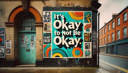 Obraz premium Colorful, bold design on urban street art storefront promotes mental health with message Its Okay No