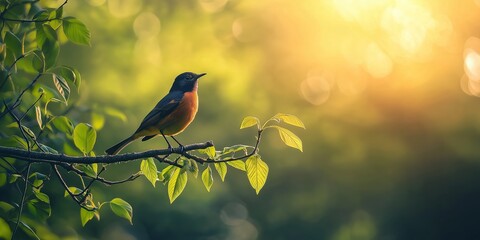 Obraz premium A small bird with a reddish breast perches on a delicate tree branch, set against a softly blurred green background.