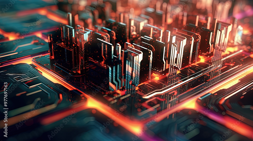 Poster Computer technology abstraction with connected hardware or data servers in neon lights of wires
