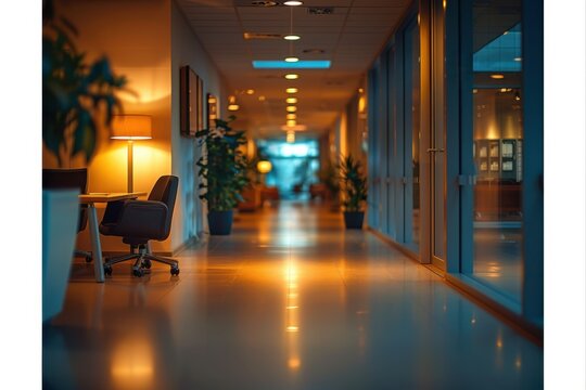 Long hallway with a desk and a chair, office cubicles, business background - Powered by Adobe