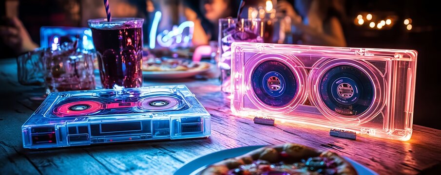 A vibrant party scene featuring neon cassette tapes and drinks, perfect for retro-themed celebrations and gatherings.