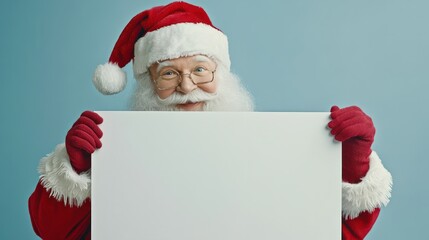 Naklejka premium Santa Claus Holding Blank Sign, ideal for Christmas marketing campaigns. Customizable for festive advertising and promotions. Create a cheerful and jolly message for the holiday season