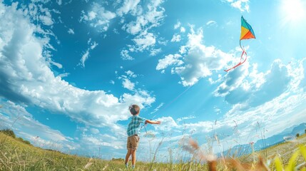 Fototapeta premium A young boy is joyful on a sunny day, flying a kite in a picturesque field under the clear blue sky