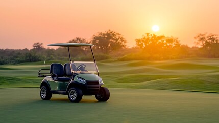 Fototapeta premium Silhouette of a golf cart moving across a lush course at sunset, with the sun setting behind distant trees, golf cart silhouette, evening backdrop