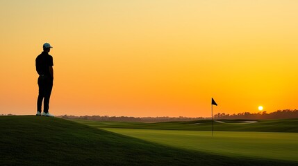 Silhouette of a golfer standing on a hill overlooking the entire course, distant flag, and setting sun, panoramic golf course, silhouette on the horizon