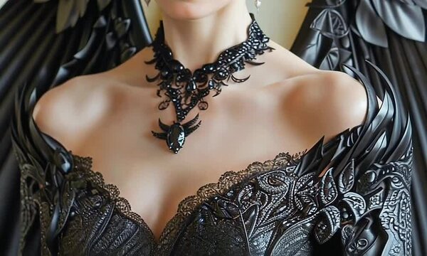 A young lady in a Maleficent outfit with wings has a hyper-large frame on the neckline