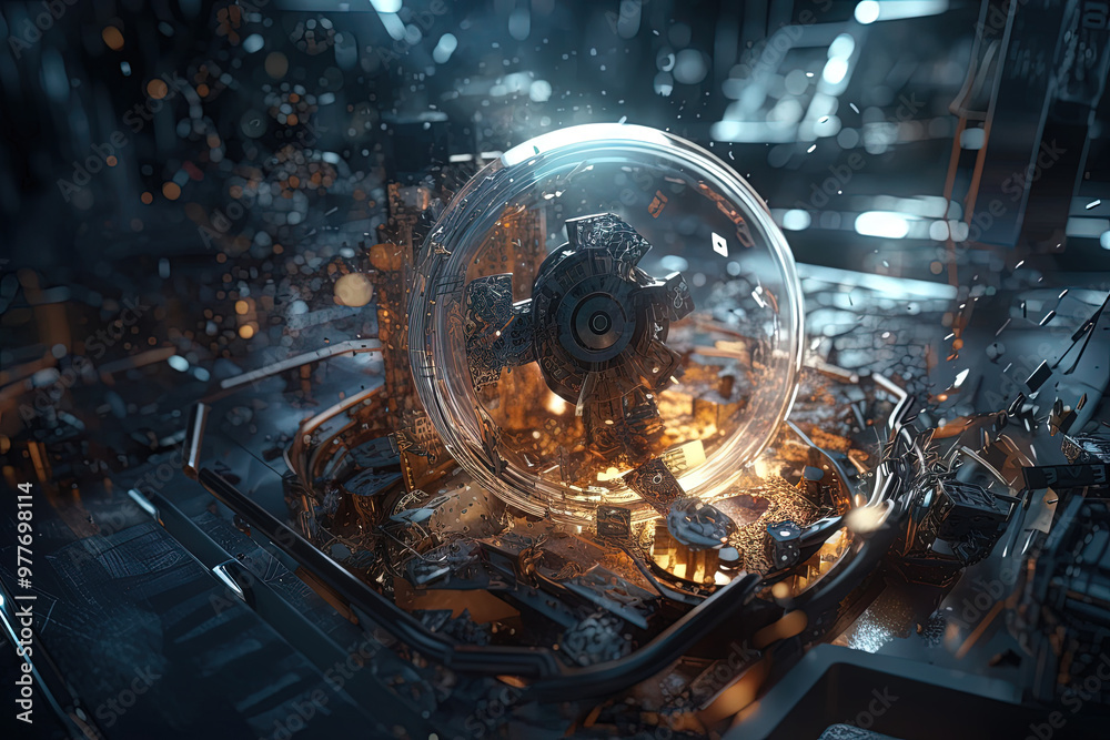 Aufkleber abstract burst of wires and particles on technology background. scientific abstraction with mess of 