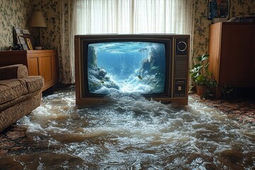 Indoor flood with water gushing from TV merges home comfort with chaotic natural forces.