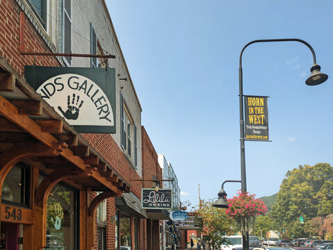 Boone, NC - USA - 09-09-2024: Shops and restaurants in downtown Boone