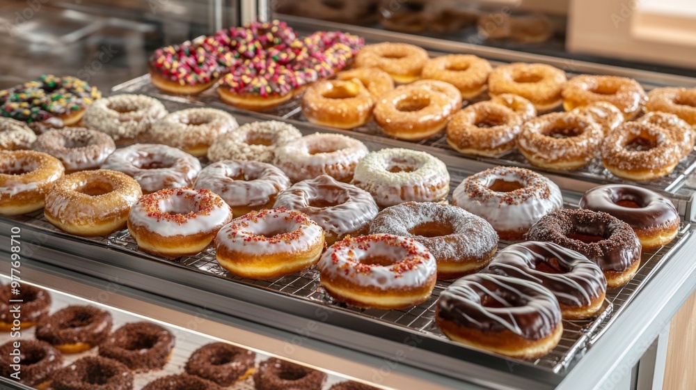 Poster a high-quality photo of a donut shop display case, showcasing a variety of freshly made donuts with 